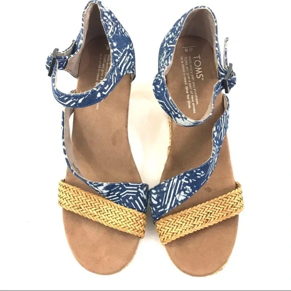 NWOT TOMS Clarissa Ankle Strap Wedge Sandals Shoe Blue Rattan - Picture 2 of 6
